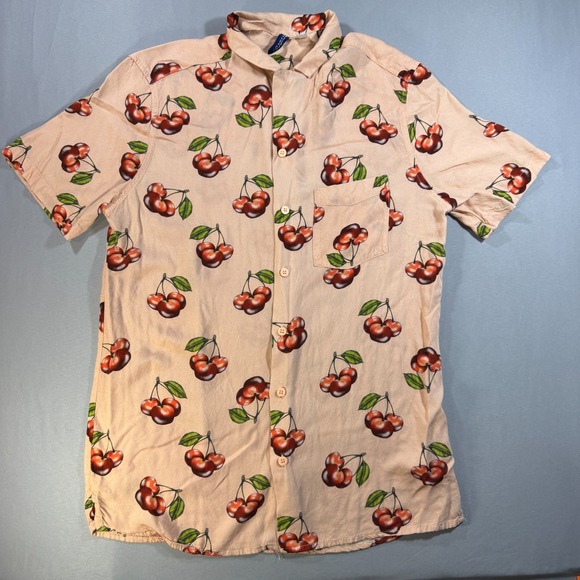 H&M Divided Tops - H&M Divided Womens Small Cherry Print Button Up Shirt Peach Short Sleeve Viscose